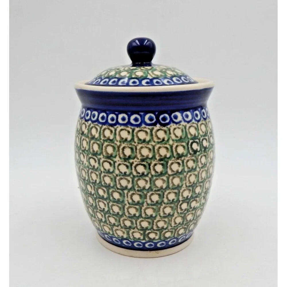 Bolesławiec Polish Pottery Small Canister Jar 5 Inch Green Blue Bullseye
